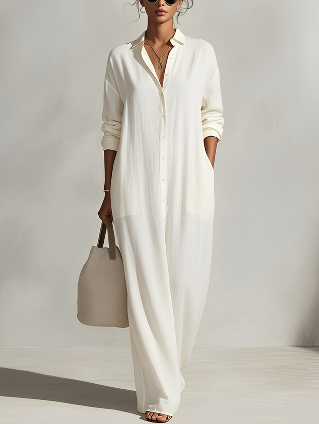 Casual Plain Buttoned Shirt Collar Maxi Dress