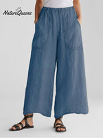 Summer Women Pant Flat Pan Linen Pocket Blue / S