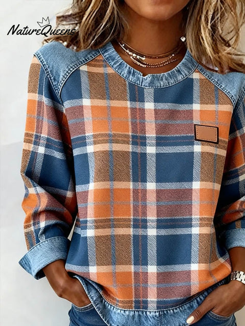 Women'S Casual Round Neck Denim Patchwork Plaid Print Pullover Sweatshirt