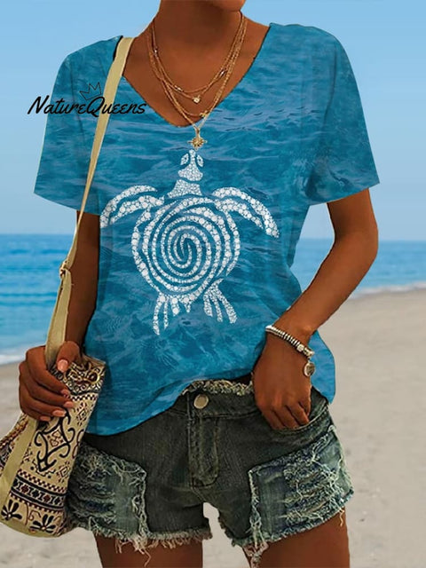 🔥Buy 3 Get 10% Off🔥Women's Hawaiian Turtle Print Casual V-Neck T-Shirt