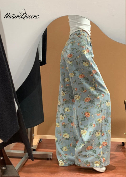 Women Blue Flower Print Denim Wide Leg Pants Fall