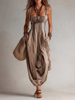 Women's Square-Neck Sleeveless Loose-Fit Casual Jumpsuit — Plaid Print Cotton-Linen Strappy Romper