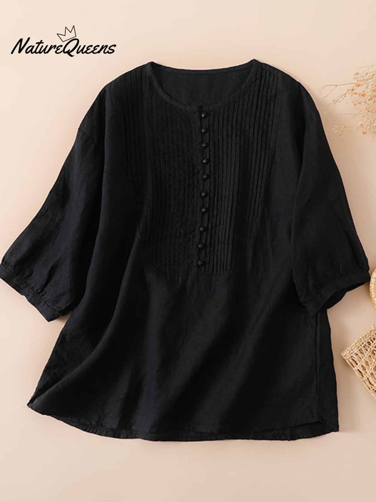 Women’s Pleated Round Neck Casual Cotton And Linen Shirt