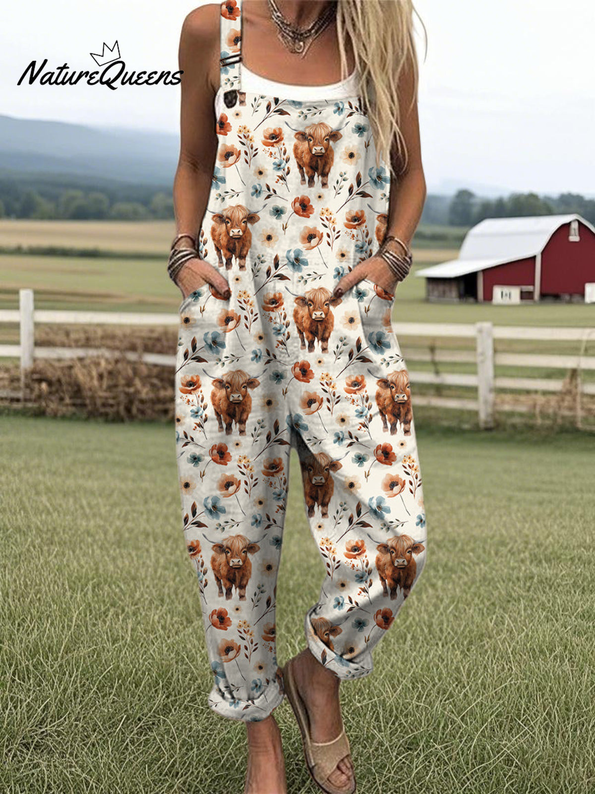 Women's Highland Cow Print Casual Cotton Wide Leg Jumpsuit