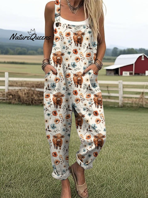 Women's Highland Cow Print Casual Cotton Wide Leg Jumpsuit