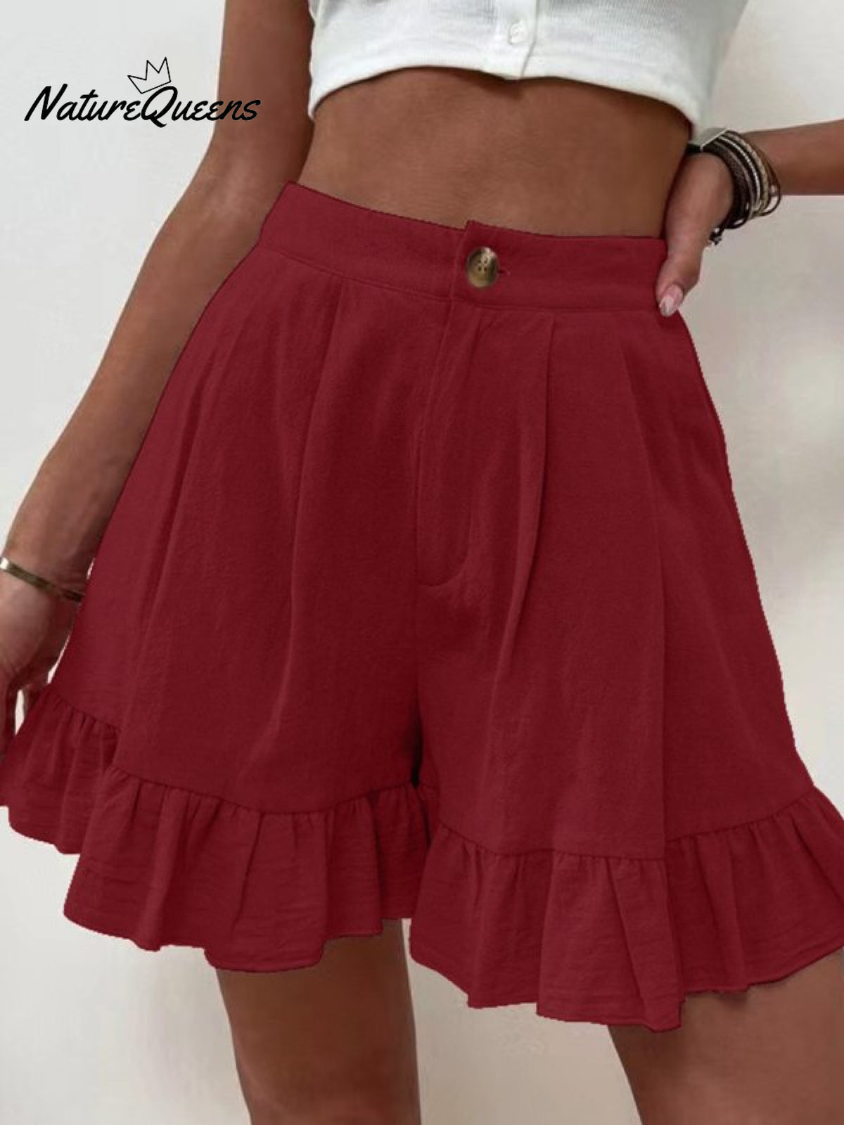 Women Summer Cotton Casual Plain Natural Ruffled Shorts Wine Red / S(4)