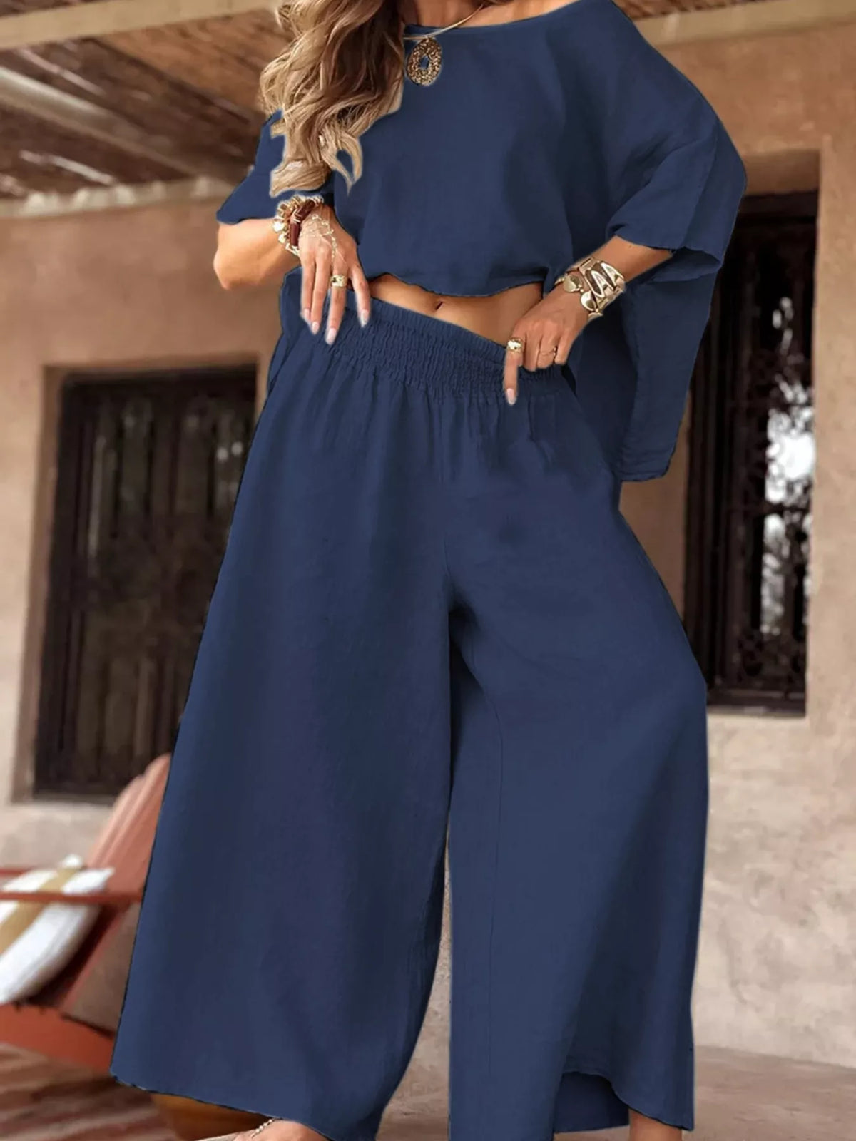 Full Size Boat Neck Top and Wide Leg Pants Set Plus Size