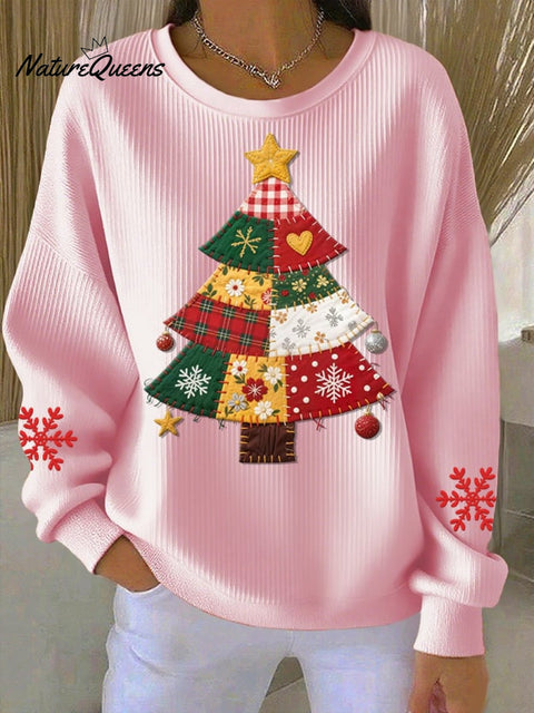 Women's Casual Pink Patchwork Christmas Tree Print Textured Sweatshirt