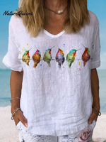 Jfn Cotton & Linen Watercolor Hummingbirds Print Lounge Top White / S(4)