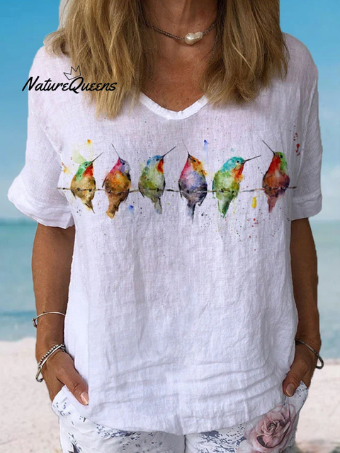 Jfn Cotton & Linen Watercolor Hummingbirds Print Lounge Top White / S(4)