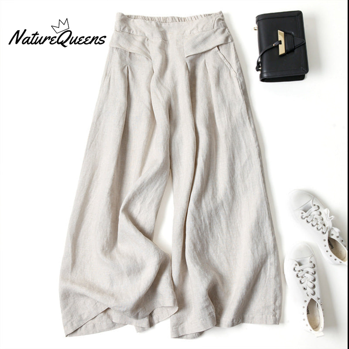 Cotton Linen Loose Semi - Elastic Cropped Pants Beige / S