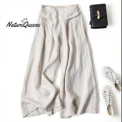 Cotton Linen Loose Semi - Elastic Cropped Pants Beige / S