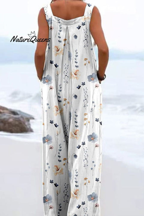 Breezy Plant Print Sleeveless Jumpsuit