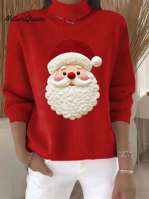 Women's Retro Santa Print Turtleneck Knit Top