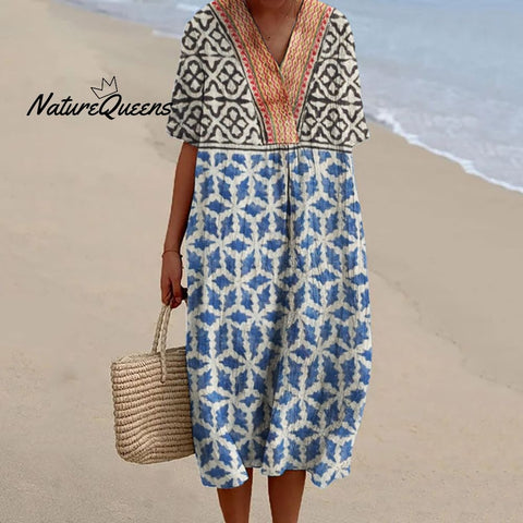 Indigo Ethnic Geometric Natural Block Print Flowy Linen Dress