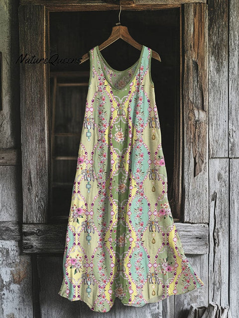 Women's Bohemian Floral Art Cotton And Linen Sleeveless Dress