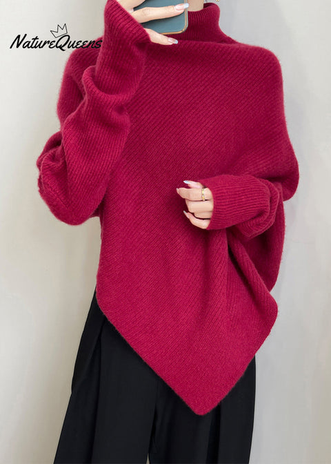 Women Red Asymmetrical Thick Woolen Sweaters Winter
