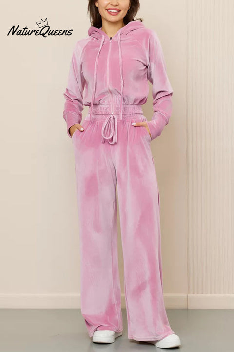 Solid Color Velvet Hooded Zip-up Sweatshirt and Elastic Waist Casual Pocket Straight-leg Pants Set