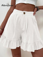 Women Summer Cotton Casual Plain Natural Ruffled Shorts White / S(4)