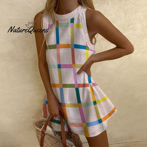 Women's Sleeveless Colorblock Plaid Printed Dress