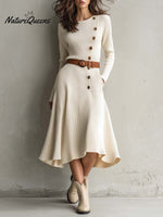 Cream Knit Midi Dress With Asymmetrical Button Detail