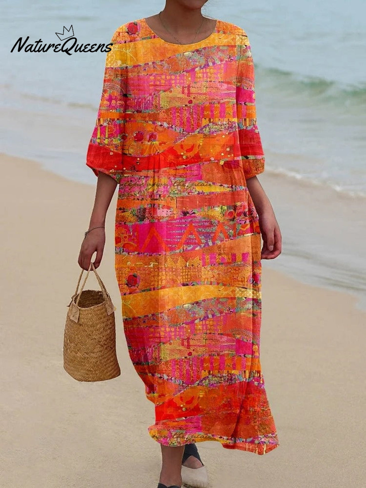 Women's Artistic Color Block Texture Pattern Pocket Cotton Dress