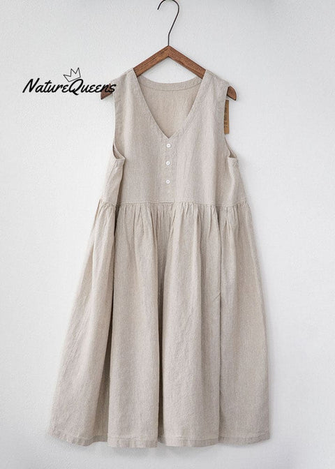 Bohemian Grey V Neck Wrinkled Patchwork Linen Dresses Summer