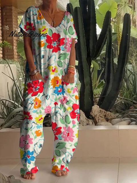 Casual Floral Print V-neck Jumpsuit