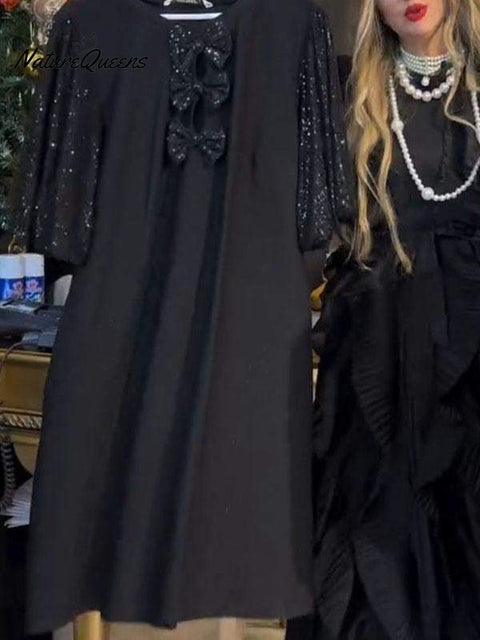 Women's Round Neck Sequin Dress with Bow✨