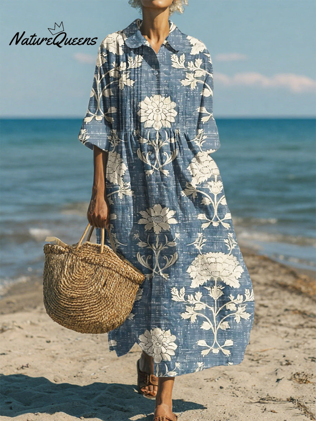 Women's Casual Cotton-Linen Peter Pan Collar 3/4 Sleeve Dress