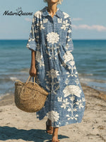 Women's Casual Cotton-Linen Peter Pan Collar 3/4 Sleeve Dress