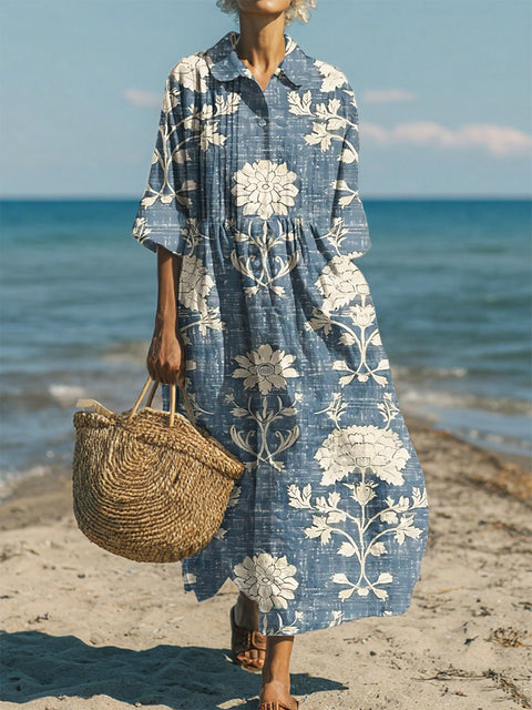 Women's Casual Cotton-Linen Peter Pan Collar 3/4 Sleeve Dress