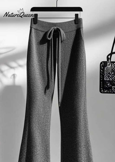 Women Grey Cozy Elastic Waist Knit Flared Trousers Fall
