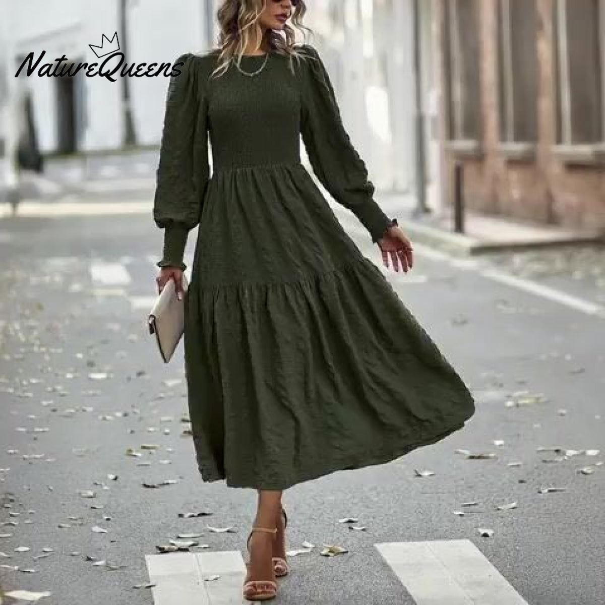 New Women's Elegant High Waist Long Sleeve Midi Dress