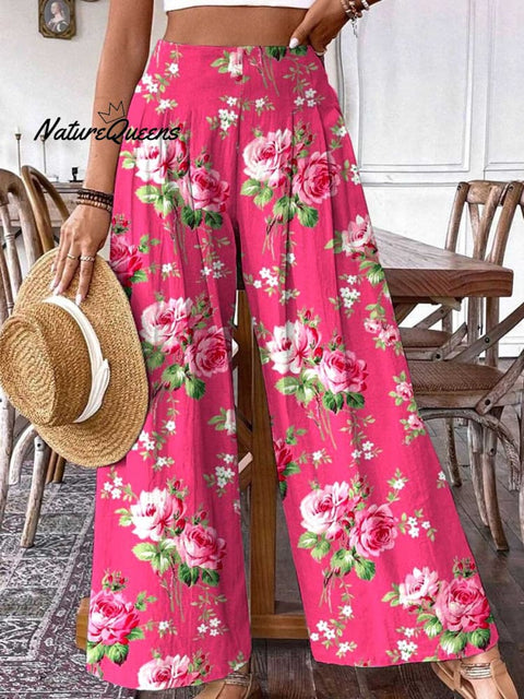 Women's Rose Floral Pattern Cotton and Linen Pants