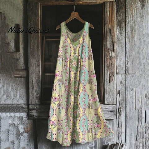 Women's Bohemian Floral Art Cotton And Linen Sleeveless Dress