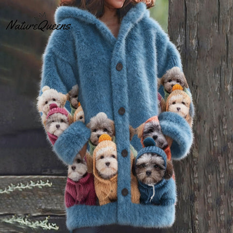 Women's Cute Dog Pattern Cozy Hooded Sweater Cardigan