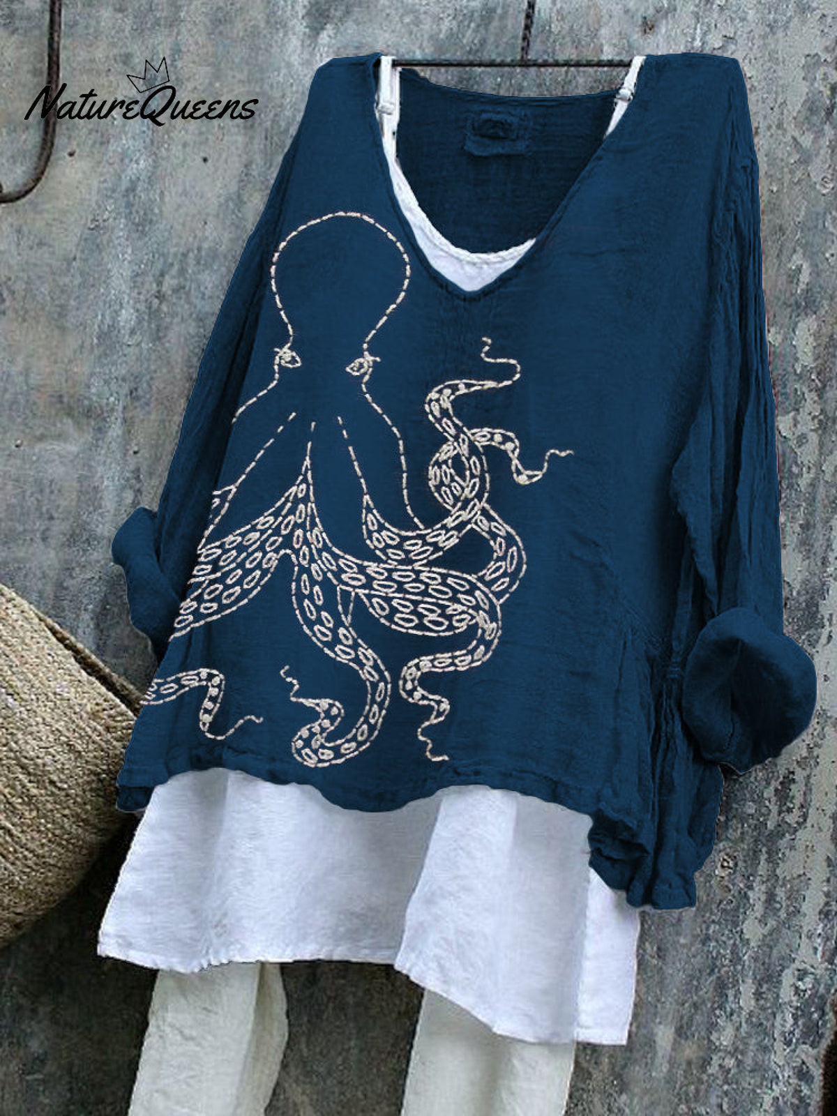 Japanese Octopus Embroidered Sashiko Linen Blend Tunic