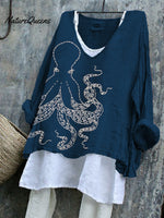 Japanese Octopus Embroidered Sashiko Linen Blend Tunic