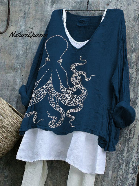 Japanese Octopus Embroidered Sashiko Linen Blend Tunic