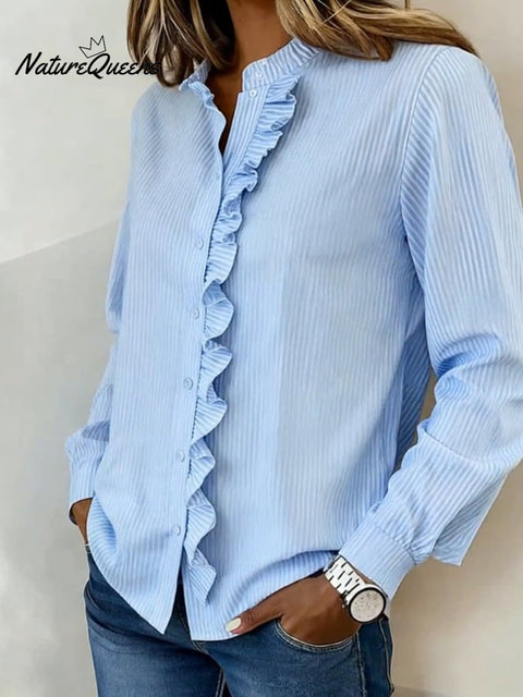 Women'S Casual Striped Ruffled Shirt