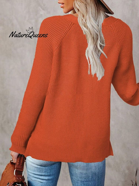 🧹Women'S Solid Color Casual V-Neck Pullover Sweater