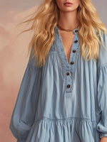Elegant Western Loose V-neck Front Button Ruffled Hem Light Blue Denim Mini Dress