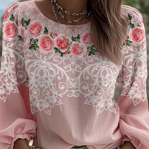 Women's Floral Print Round Neck Long Sleeve Linen Blend Shirt