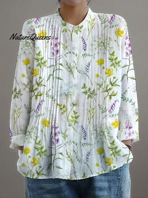 Women's Casual Loose Floral Cotton And Linen Shirt
