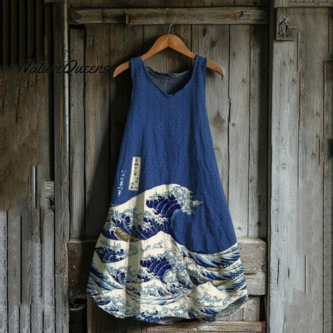 Japanese Traditional Wave Art Linen Tank Dress