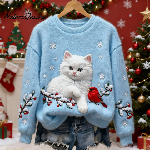 Christmas Cat & Bird Art Women's Flannel Sweater