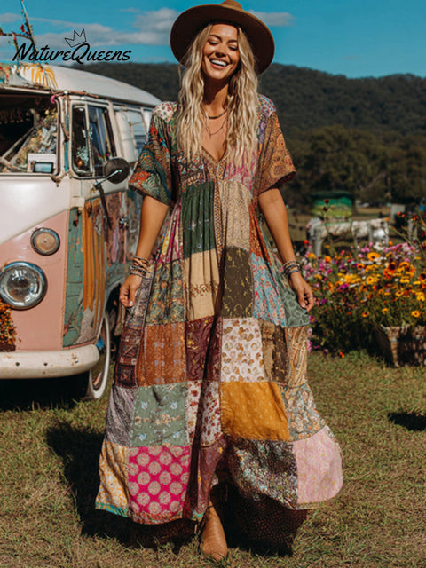 Countryside Style Collection Classy Patchwork Floral Pattern Art Linen Maxi Dress