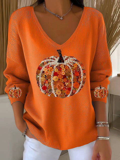 Women's  Pumpkin Print Casual Striped Fabric Long Sleeve T-shirt