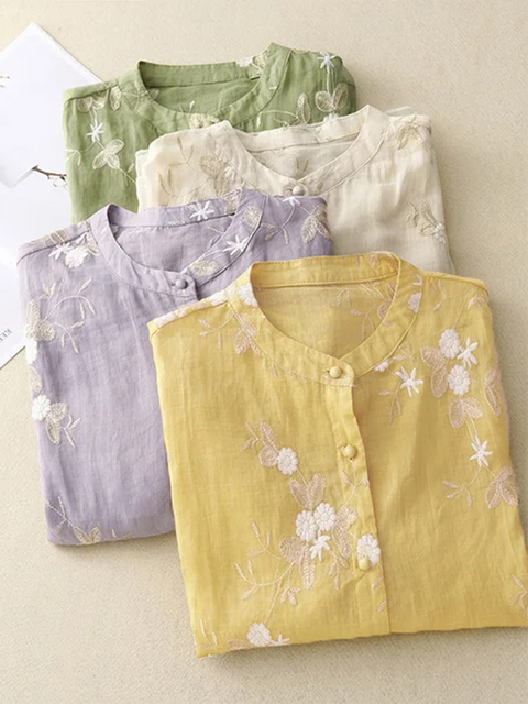 Women's Embroidered Fashion Round Neck Cotton Casual Shirt